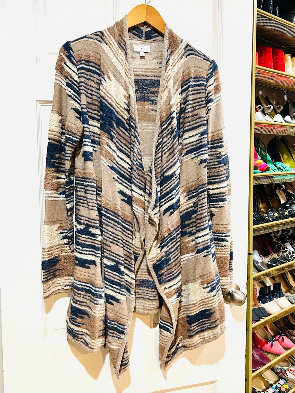 Lucky Brand Beige & Navy Blue Textured Aztec Tribal Print Duster Cardigan Size M